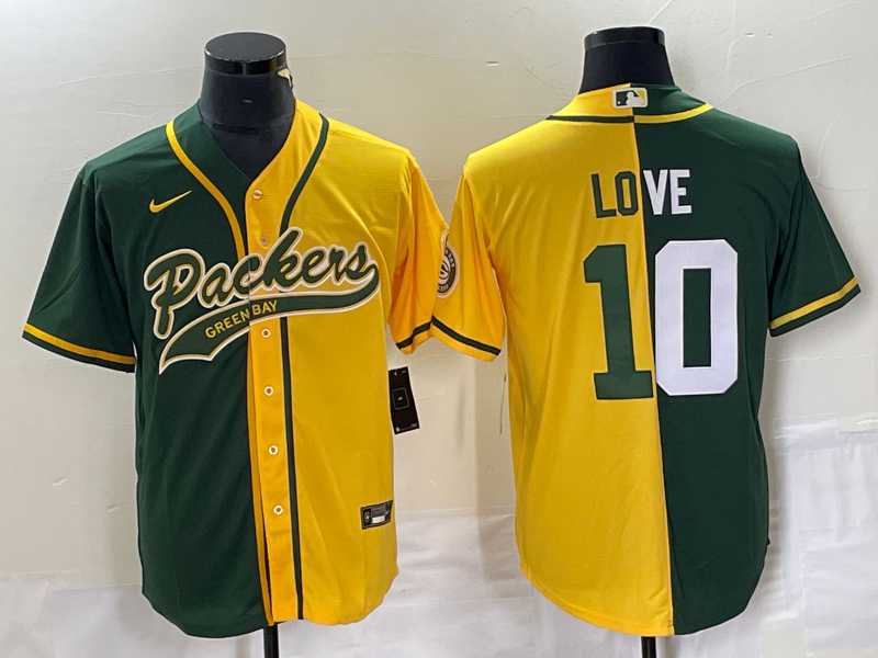 Men%27s Green Bay Packers #10 Jordan Love Green Yellow Split With Patch Cool Base Stitched Baseball Jersey->denver broncos->NFL Jersey